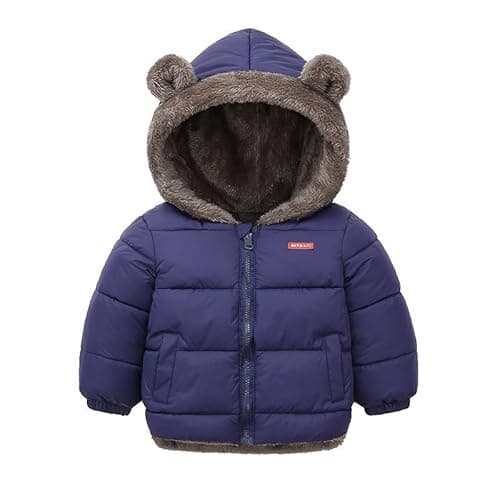Image of Kids Boys Girls Winter Coats Hooded Down Thicken Jackets with Cute Ear Toddler Baby Boys Girls Warm Fleece Coat Kids Baby Winter Clothes 12-24 Months Dark Blue