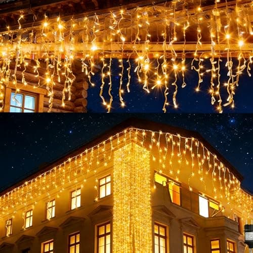 Image of Icicle Christmas Lights Outdoor, 10m 400 LED Plug-in Waterproof Fairy String Lights with 8 Modes, Timer&Connectable, for Eaves, Gutters, House Roof, Garden, Patio & Party Decorations Warm White