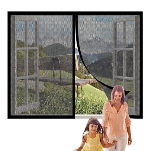 Image of Fly Screens for Window 157 x 145 cm Mesh Fly Curtain Mosquito Net Without Drilling Hands Free for Kitchen Bedroom Room Window, Black