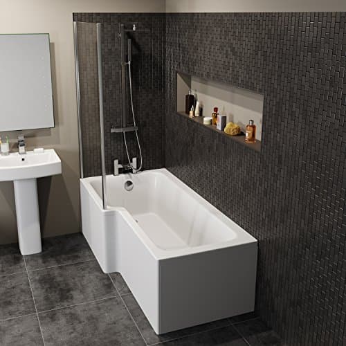 Image of Modern 1700mm L Shaped Left Hand Shower Bath 5mm Glass Screen Front End Panel Acrylic Bathtub White Bathroom Tub