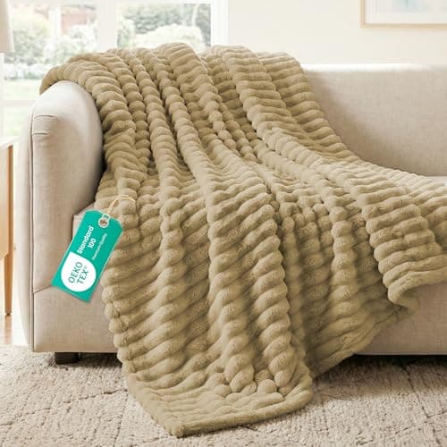 Image of Sunshine Comforts Fleece Stripe Throw Blanket For Sofa - 100% Polyester Soft Cosy Warm Blankets For Bed, Light Warm Soft Cute Throw For Women and Girls - Mink, Double (150X200CM)
