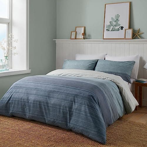 Image of Fusion Contemporary Blue Duvet Cover – Double Size (200x200cm) – Reversible Ombre Stripe Design – Navy & Sky Blue Bedding – Nautical Theme – Soft Cotton Feel – Stylish Bedroom Decor