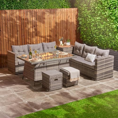 Image of Rattan Garden Furniture With Fire Pit Table | 6 Piece 8 Seater Outdoor Furniture Set With Sofa Stool & Cushions | Rattan Corner Table Sofa & Chairs L Shape Grey