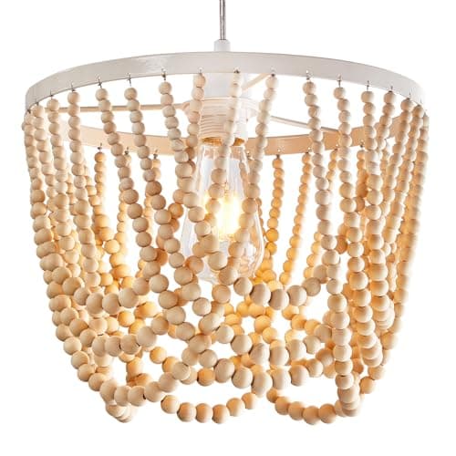 Image of SHINY STAR Natural Wooden Beaded Light Shade,Matt White Burly Wood Metal Frame Chandelier Ceiling Pendant Light Shade,Original Wood,Wooden Beads Lamp Light Shade910NT