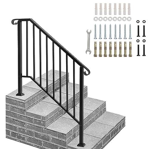 Image of Outdoor Handrails for Stairs, Wrought Iron Hand Rails Stairs for Outdoor Steps Handrail Stair Railing Handrail for Cross Bar Stairs Hand Rails Outside Steps Black Railing (3 to 4 Steps)