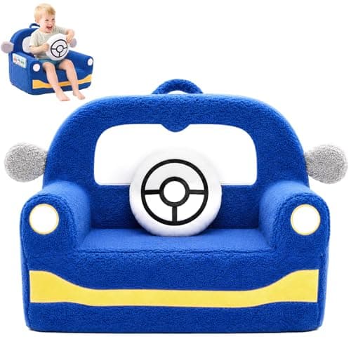 Image of OUOZZZ Toddler Chair for 1-3 Years Old, Blue Car Design Kids Chair, Soft Teddy Plush Toddler Sofa & Armchair, Comfy Foam Baby Sofa for Playroom & Bedroom