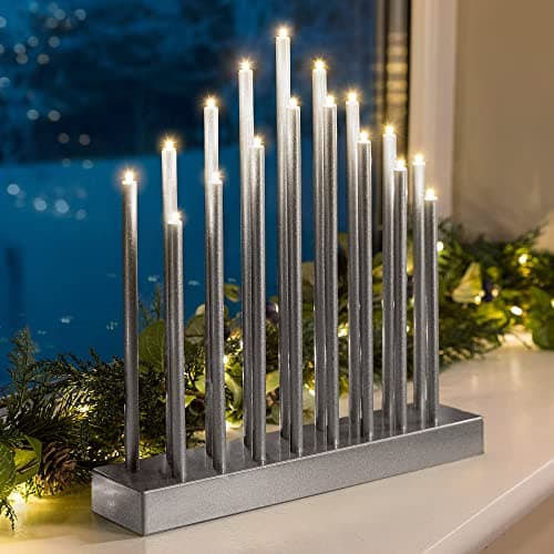 Image of CHRISTOW Silver Candle Bridge Tower Christmas Decoration, Battery Operated with Timer, 17 Warm White LED Window Light