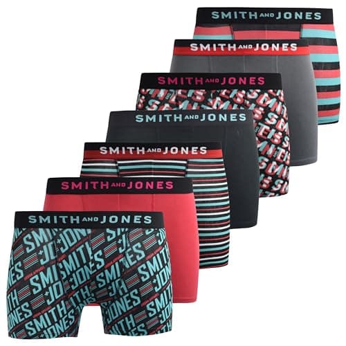 Image of SMITH & JONES mens boxers – multipack of 7, stretch cotton men’s boxer shorts, comfortable underpants for men, colourful and black underwear trunks, multi pack man briefs(M, Taden, Red)