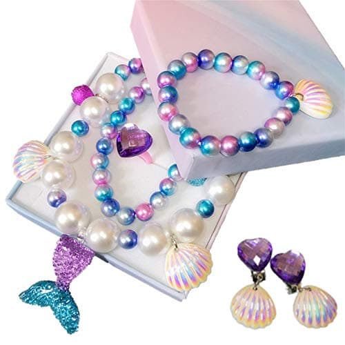 Image of Yiran Girls Magical Mermaid Jewelry Set with Gift Box Candy Bracelet Mermaid Tail Necklaces Earrings and Ring For Girls Play Pretend Dress Up Favors Gift for Christmas And Birthday