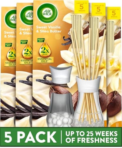Image of Air Wick Reed Diffuser Multipack, Sweet Vanilla and Shea Butter, Pack of 5 x 25 ml, 5 Weeks of Long-Lasting Freshness, Elegant Home Decor, Neutralizes Odors, Enhances Room Ambiance