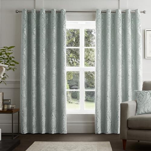 Image of Curtina - Duck Egg Blue Damask Curtains W66 x L72" (168 x 183cm) - Light Blue Jacquard Eyelet Curtains - Botanical Luxury Curtains & Drapes for Living Room & Bedroom - Traditional Drapes/Door Curtain