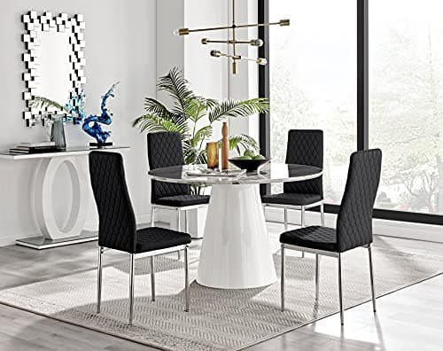 Image of Furniturebox UK Palma White Marble Effect Round Pedestal Dining Table and 4 Black Faux Leather Silver Leg Milan Dining Chairs
