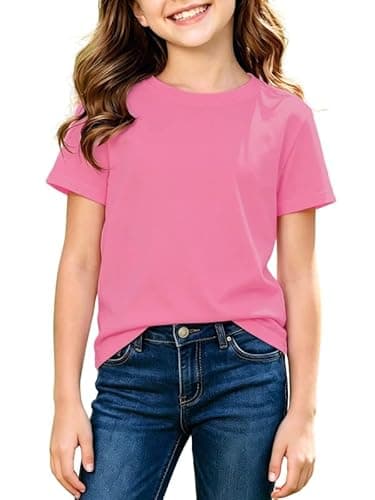 Image of Essentia Topia Girls Premium 180gsm Cotton Rich T-Shirt, Kids Short Sleeve Basic Tee for School PE & Everyday Wear, Soft Feel Midweight Summer Top 13-14 Years Fuchsia