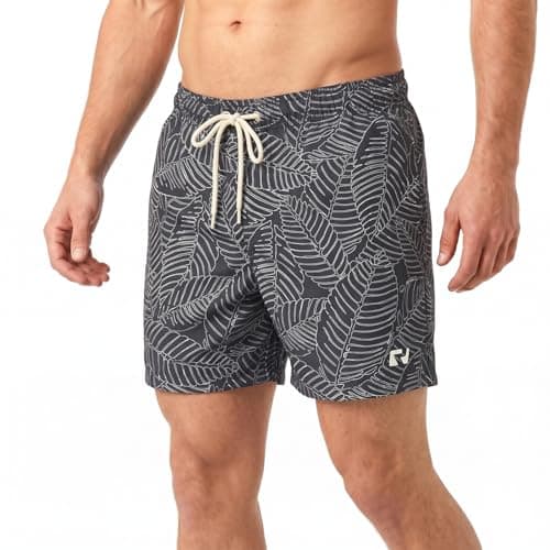 Image of RIPT Men’s Quick Dry Swim Shorts with Mesh Lining Drawstring Waist UV50 Sun Protection Beach & Swimming Trunks (Navy Leaf Print, S)