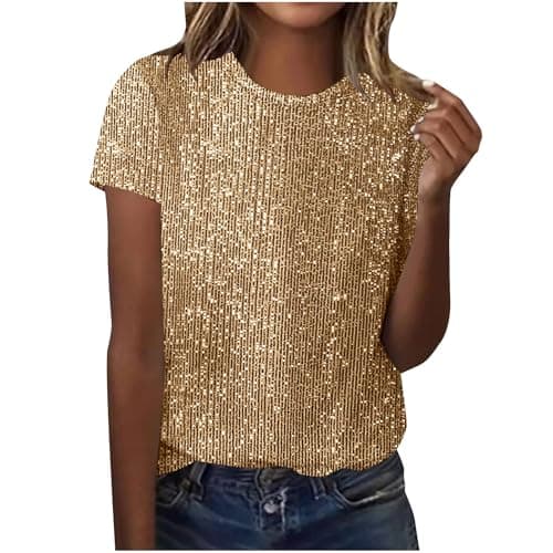 Image of Womens Sequin Top UK Sparkly Glitter Blouse Shiny Party Night Club Tunic Tops Elegant Short Sleeve Crew Neck Dressy Tee Ladies Loose T Shirt Shimmer Wedding Going Out Prom Cocktail Christmas Gold 3XL