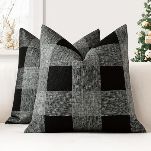 Image of JOTOM Set of 2 Classic Plaids Cushion Covers 45x45 cm Farmhouse Buffalo Check Soft solid Decorative Throw Pillow Covers Home Decor Outdoor Cushion Case for Sofa Bedroom (Black Grey)