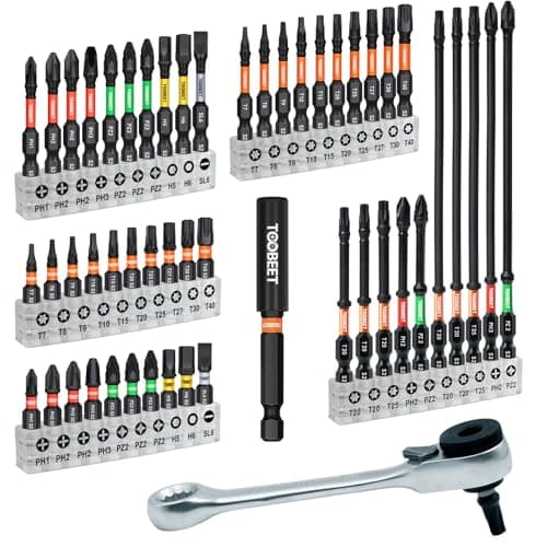 Image of Toobeet Impact Multi Screwdriver Bits Set, 52 Pieces, Magnetic S2 Steel (Torx/PH/PZ/SL/Hex) Impact-Resistant Screwdriver Bit Set for Impact Tools with Mini Ratchet Wrench and 1 Long Bit Holder