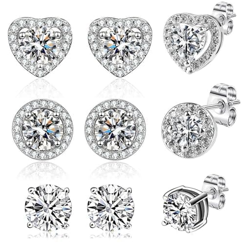 Image of 3 Pairs Silver Earrings for Women, Heart and Round Silver Earings, Stud Earrings for Women and Girls - Hypoallergenic - Sterling Silver Butterfly Clasps for Any Occasion