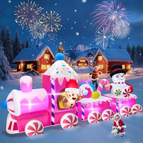Image of Kalolary 11FT Pink Christmas Train Inflatable with Gingerbread, Snowman, Gifts & Candy – Blow Up Holiday Yard Decoration with LED Lights for Lawn, Garden, Indoor Outdoor Party Décor (Pink Train)