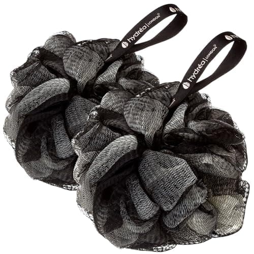 Image of Hydrea London Shower Puffs - Pack of 2 Exfoliating Body Scrubber for Men & Women - Face & Body Cleansing Shower Scrub - Ultra-Soft, Large, & Vegan Bath Scrunchie - Bathing Buffers, Black & Cream