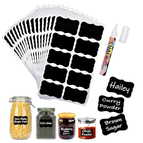 Image of JZK 150Pcs 6x4cm Black Plastic Sticky Labels for Jars, Waterproof Reusable Pantry Labels for Spice/herb/Coffee/Tea, self-Adhesive Stickers for Storage Boxes/Bottles, with White Chalk Pen
