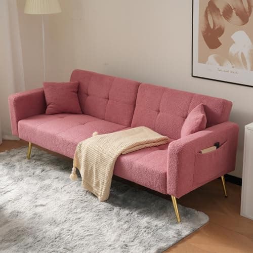 Image of ModernLuxe Adjustable Sofa Sherpa Fabric Sofa Bed – 3 Reclining Angles, Gold Legs, High-Density Foam Cushion, Side Storage Pockets – Modern Convertible Sofa for Living Room & Guest Use Pink