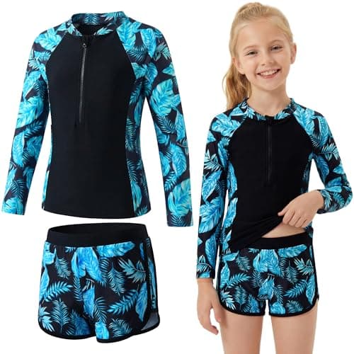 Image of Baogaier Girls Swimming Costume Two Piece Swimsuit Sun Protection Long Sleeve Zip Rash Guard with Shorts Quick Dry Beach Surfing Swimwear Floral Print Bathing Suit Age 11-12 Years, Blue