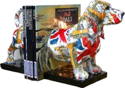 Image of Pair of British Print Dog Bookends | Sausage Dog Dachshund Basset | London Vehicle Union Jack Print