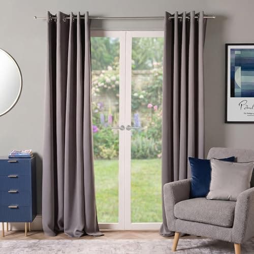 Image of Dreamscene Eyelet Blackout Curtains Set of 2 Thermal Ring Top Window Treatment Panels - Charcoal Grey, Width 46" x Drop 72"