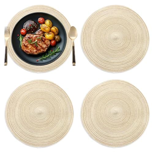 Image of 4 PCS Round Braided Woven Place Mats Set,30 x 30 cm Round Woven Placemats,Braided Washable Placemat Boasts,Heat Resistant and Non Slip for Kitchen,Restaurant,Home(Beige)