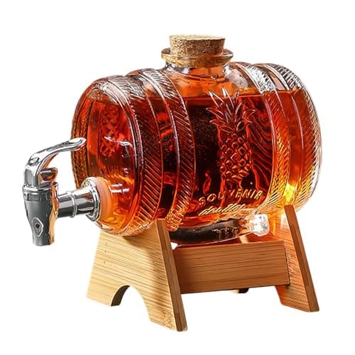 Image of Whiskey Decanter Set, Barrel Glass Water Dispenser with Tap and Wooden Stand Set, 1L Drink Dispenser for Beer Wine Whisky Lemonade Juice Party Drink, Gifts for Boyfriend, Husband, Father