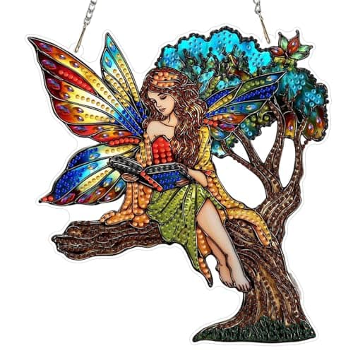 Image of MEIYUDA Hanging 5D Diamond Art Kits Adults Fairy on Tree, DIY Diamond Painting Art Kit for Beginners Suncatcher, Home Wall Decor Arts and Craft Kits for Adults Kids