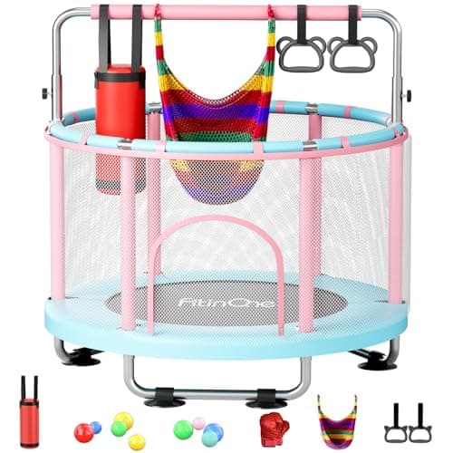Image of FitinOne 55" Toddler Mini Trampoline for Kids, Indoor Outdoor Toys with Swing, 440lbs Baby Kids Trampoline, Gymnastics Bar, Birthday Gifts for Boy Girl Age 1-8