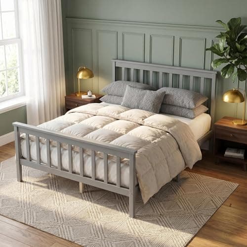 Image of Panana 4FT6 Double Bed Frame Pine Wood Bed with Slats Bed for Kids (Grey, Double)