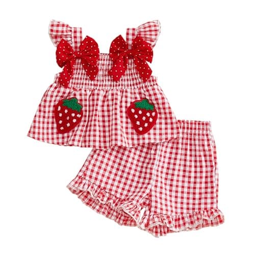 Image of Springcmy Baby Toddler Girl Clothes Strawberry Embroidery Bow Tie Plaid Tops Dress Ruffle Shorts Set Summer Infant Shirt Outfits (A Red, 12-18 Months)