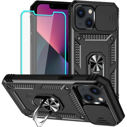 Image of Yiakeng for iPhone 13 Mini Case with Screen Protector: [Military Grade 20ft. Drop Tested] Slide Camera Cover Ring Shockproof Protective Phone Case for - iPhone 13 Mini (Black)