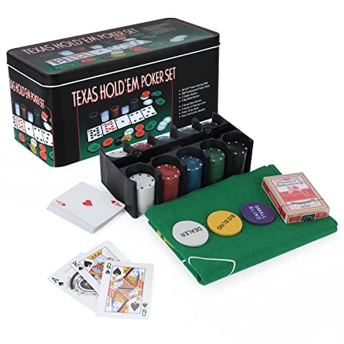 Image of SILVER VALLEY 200 Piece Poker Set Casino Style Game Texas Hold'em Poker and Blackjack Game with Felt Double Side Mat, Chips, Chip Deck, Playing Cards and Metal Tin Gift Box