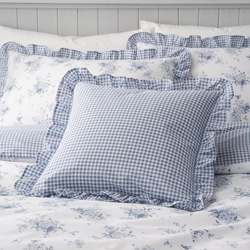 Image of Catherine Lansfield Lucie Floral Frill Fully Reversible 45x45cm Cushion White Blue