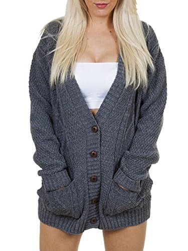 Image of New Womens Everyday Long Sleeve Button Top Ladies Chunky Aran Cable Knit Grandad Cardigan Dark Grey Size 16
