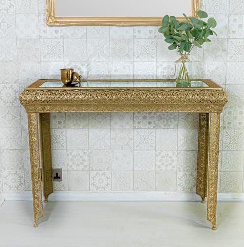 Image of DOWNTON INTERIORS Dark Gold Moroccan Embossed Metal Mirrored Glass Console Side Hall Table (GZ423) Part of the AGADIR Collection (Dark Gold)