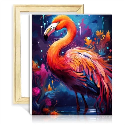 Image of TANGFEIY Paintting Canvas Oil Painting Kit Flamingo Animal Kids Adults Wall Decor with 3 Brushes & Acrylic Paints Creative Style Arts Crafts with Frame(30x40cm)