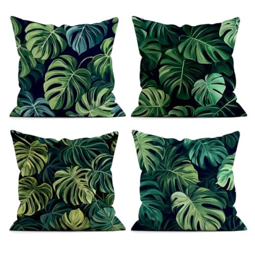 Image of SEVENWELL Green Cushion Covers 45 x 45 cm Tropical Leaf Plant Decorative Throw Pillow Covers Pillowcases for Sofa Garden Outdoor Decor Set of 4