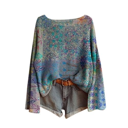 Image of Womens Jumpers Casual Boho Floral Print Vintage Sweater Tops Graphic Baggy Slouchy Sweaters Jumper Lightweight Ribbed Knit Blouses Casaul Daily Going Out Knitwear Autumn Sweaters Women Blue