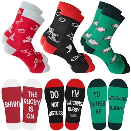 Image of SereneSage Rugby Socks for Men, 3 Pairs Funny Cotton Novelty Socks with Hidden Messages, Unique Rugby Gifts, for Husband, Coach & Fans, Fits UK Size 6-12