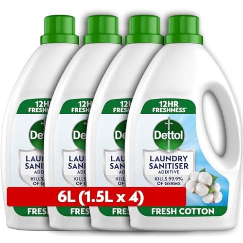 Image of Dettol Laundry Sanitiser, Antibacterial, Fresh Cotton, 6L (1.5L x 4pck) 12hr Freshness, Hygienically Clean, Removes Odour, Kills 99.9 Percent of Bacteria