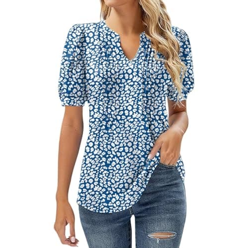 Image of Womens Tops and Blouses Summer Tops for Women UK Clearance Casual Floral Pleated Going Out Blouse Plus Size Short Sleeve Tunic Fashion V-Neck Plus Size Summer Clothing for Women A Blue