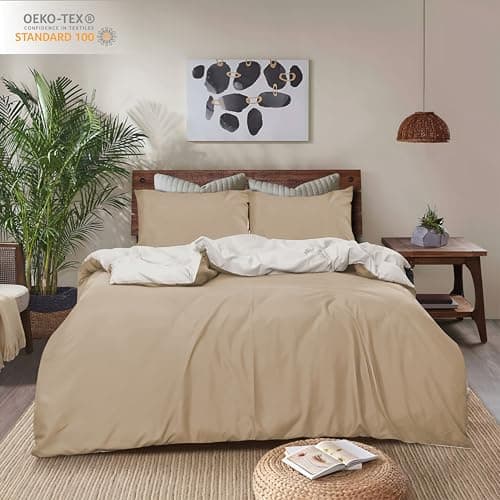 Image of REHAN & CO Double Duvet Cover Sets – Soft Brushed Microfiber Bedding – Reversible Quilt Cover With Pillow Cases (Mink/Cream)