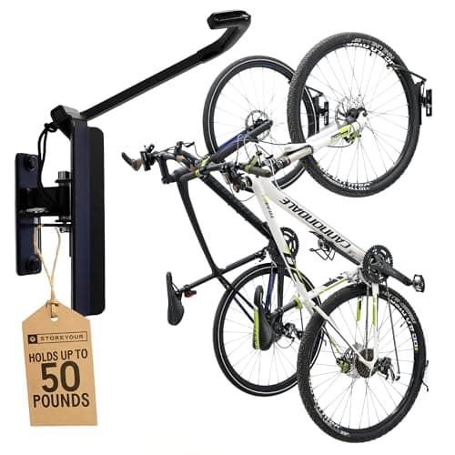 Image of StoreYourBoard Bike Wall Mount | Garage Bike Rack Wall Mount | Bike Wall Hanger, Vertical Bike Rack Bicycle Wall Mount Hook with 124° Swivel Stopper | Pack of 2, Max 2.6” Tyres, 23kg Capacity, Black