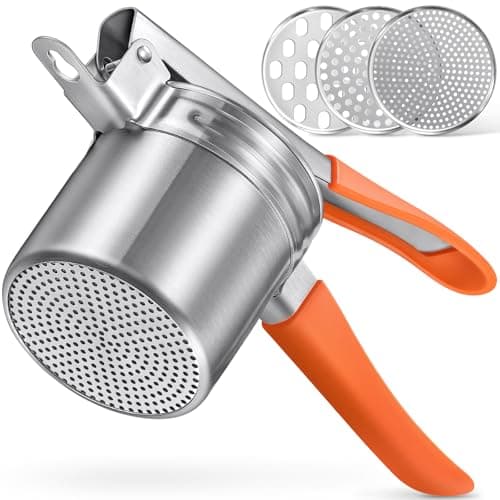 Image of Potato Ricer, Sopito 15oz Stainless Steel Potato Masher with 3 Interchangeable Discs, Heavy Duty Food Press, Orange
