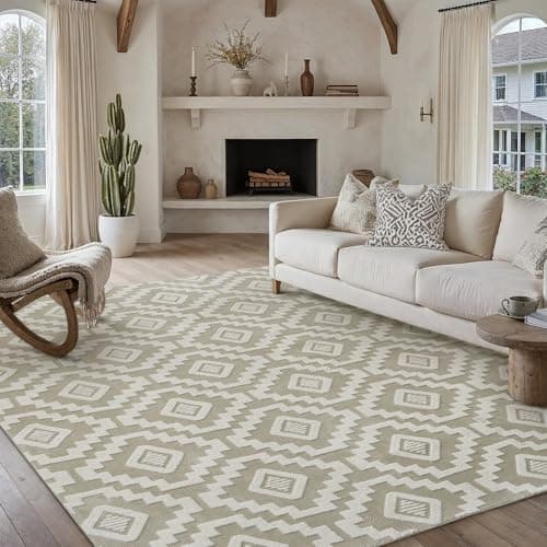 Image of PureCozy Living Room Area Rug, 240x300 cm Machine Washable Non Slip Modern Floor Large Rugs for Bedroom Dining Room Office, Non Shedding Short Pile Carpet for Indoor Home Decor，Beige & White